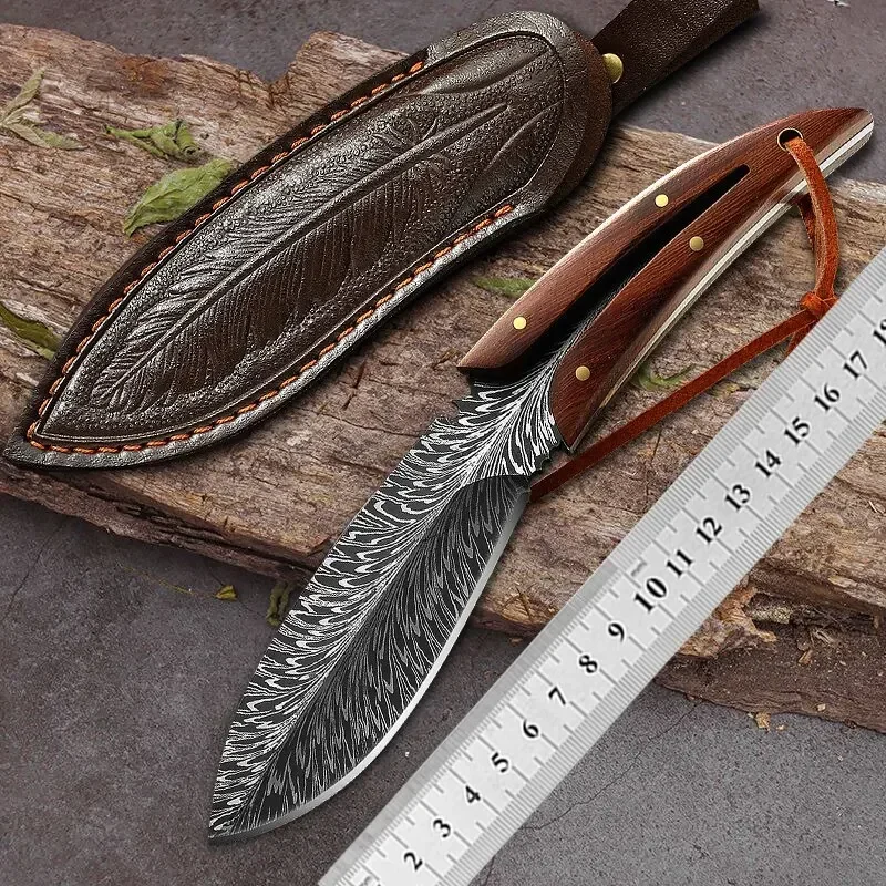 Home kitchen professional feather pattern fruit knife, Damascus steel knife, commercial outdoor self-defense knife, rope cutter