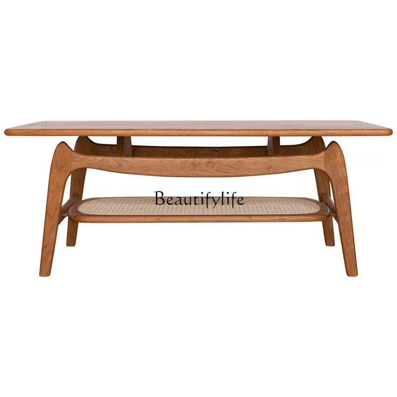 

Nordic Simple Double-Layer Rattan Vintage Beech Cherrywood Black Walnut Solid Wood Tea Table