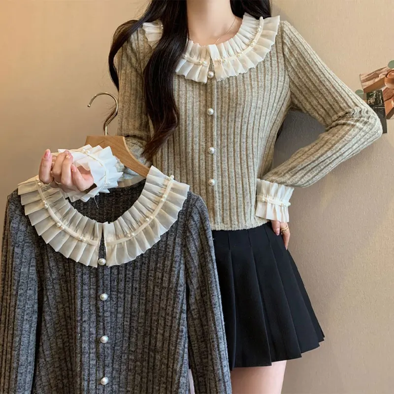 

Vintage Ruffled Neck Spliced Blouse Spring Autumn Fashion Beading Female Clothing Long Sleeve Casual Solid Color Knitted Shirt