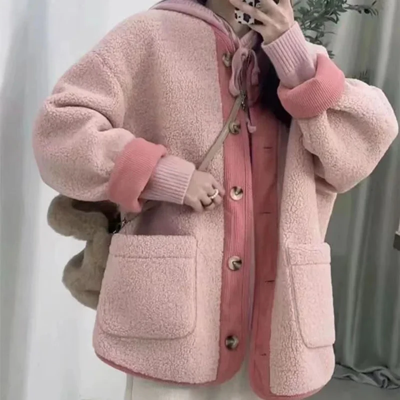 Hdspq Contrast Vintage Lamb Wool Jacket Women Fashion O-Neck Single Breasted Plush Coats Woman 2023 Autumn Winter Warm Outerwear