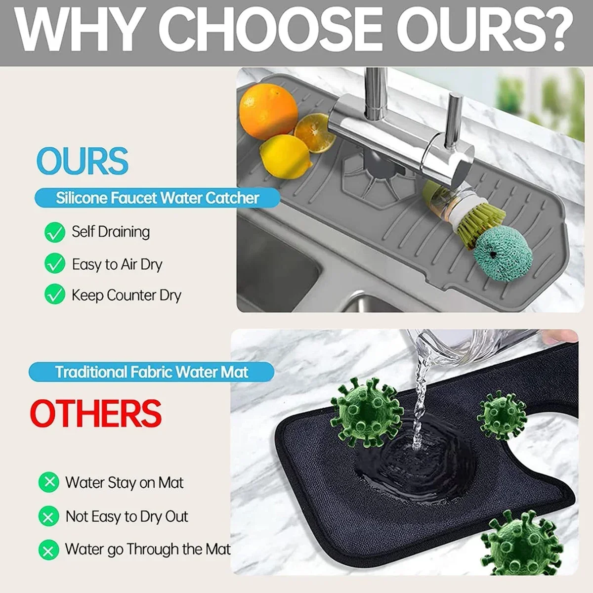 1/2 قطعة-صنبور السيليكون الماسك المياه الحصير ، بالوعة المطبخ منصات التجفيف مقاومة للانسكاب ، المضادة للانزلاق استنزاف و سبلاش الحرس المياه الماسك حصيرة