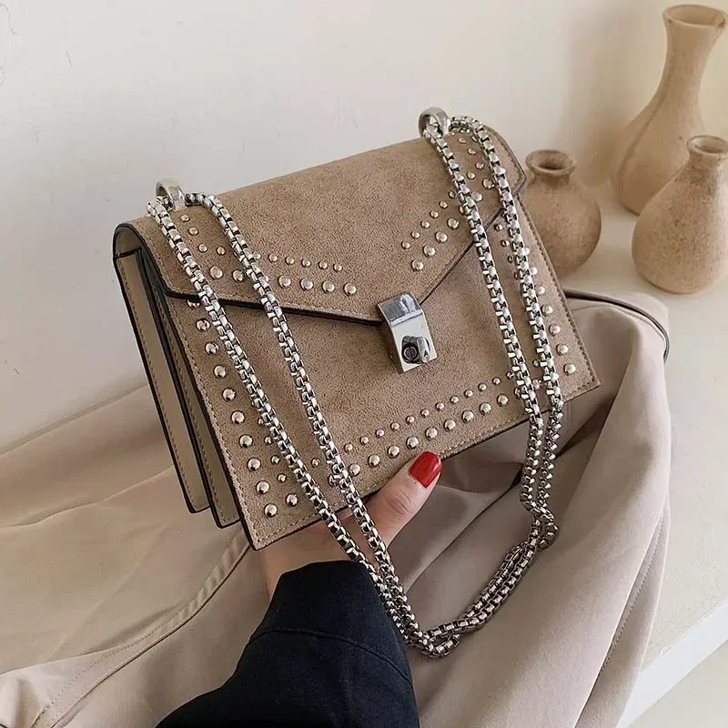 Frosted Leather Brand Designer Shoulder Simple Bags For Women Rivet Luxury Chain Crossbody Bag Female Fashion Small Handbags