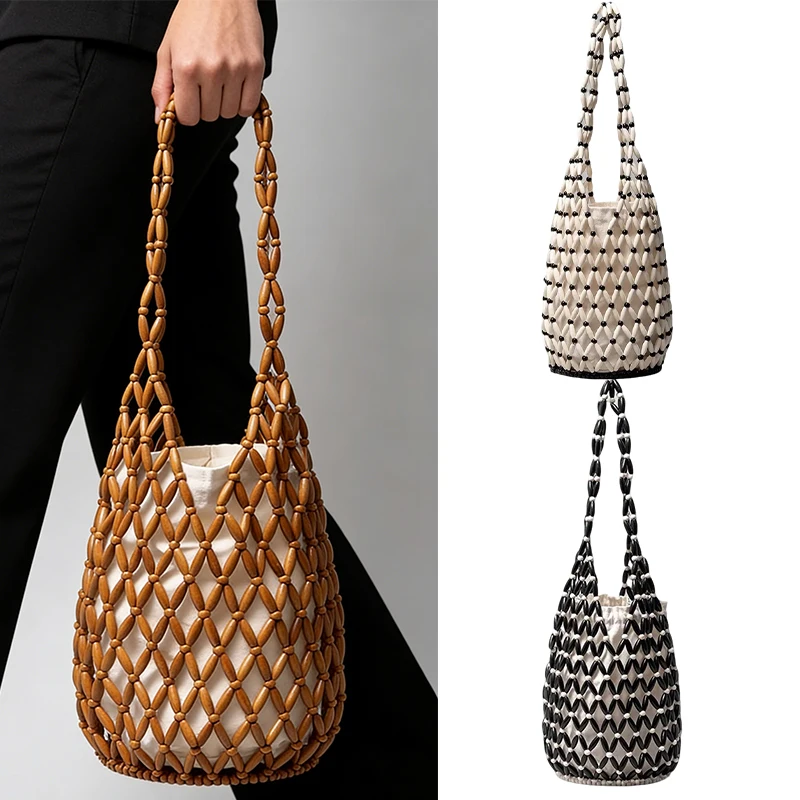 

Тканая сумка с деревянными бусинами, новый дизайн, брендовая женская сумка-ведро с полыми бусинами для путешествий на море, универсальная ручная сумка-ведро на плечо, подмышки