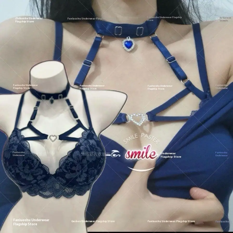 

32-38ABC Темно-синее нижнее белье с бретелькой на шее, внутренний бюстгальтер, сексуальное женское белье с эффектом пуш-ап