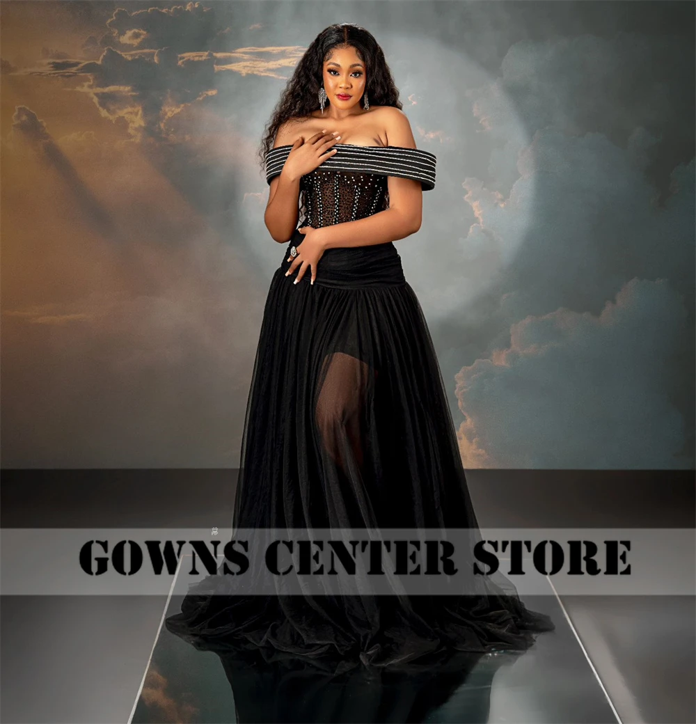 

Gorgeous Silver Beaded Off The Shoulder Black Aso Ebi Evening Prom Dress 2024 Stunning Sexy Birthday Party Gown Customized