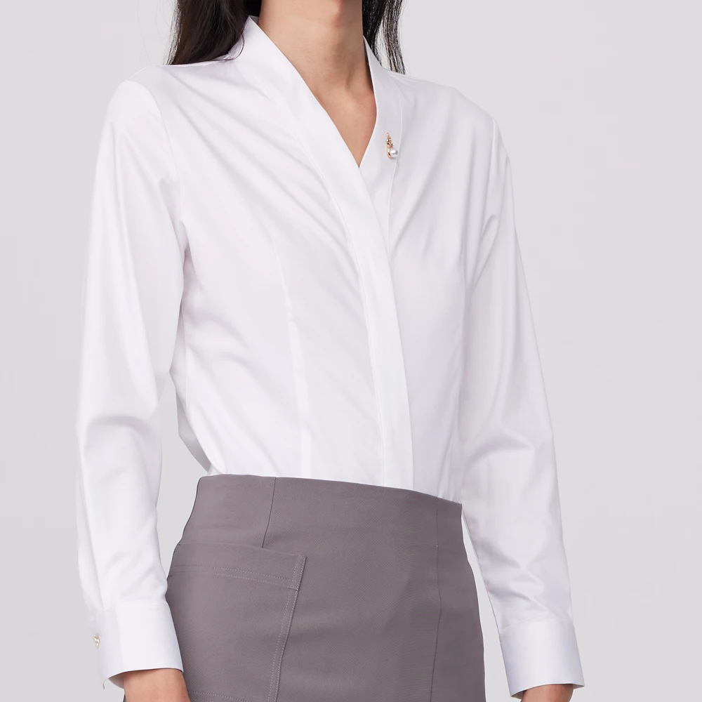 Ladies Office Detachable Brooch V-Neck Dress Shirts Without Pocket Hidden Buttons Placket Long Sleeve Slim-fit Female Shirt