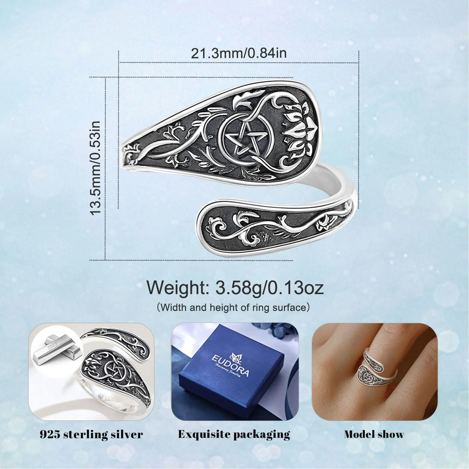 يودورا 925 فضة الخماسي قابل للتعديل حلقة خمر Tetragrammaton تميمة ملعقة حلقة Wicca مجوهرات هدية للرجال والنساء