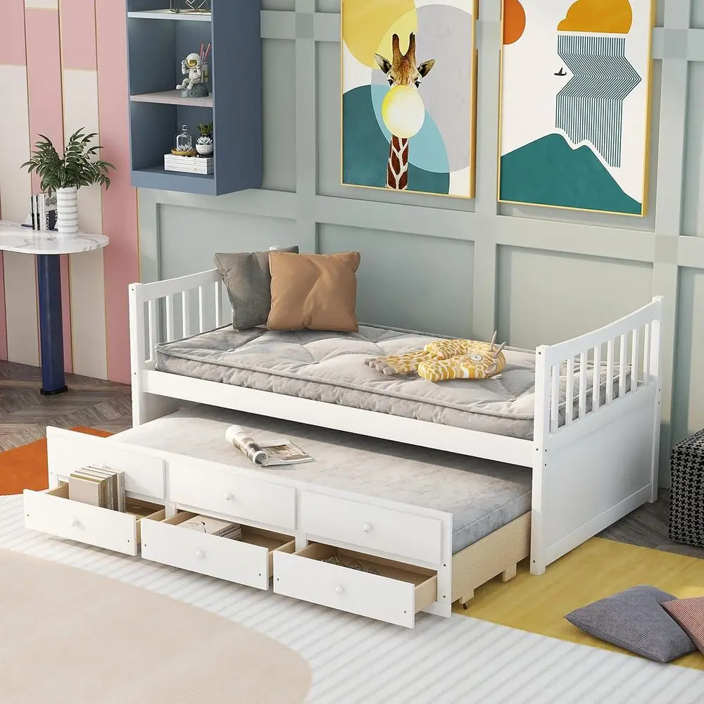 

Twin Daybed with Storage Drawers, Wooden Trundle Bed for Kids and Teens, White