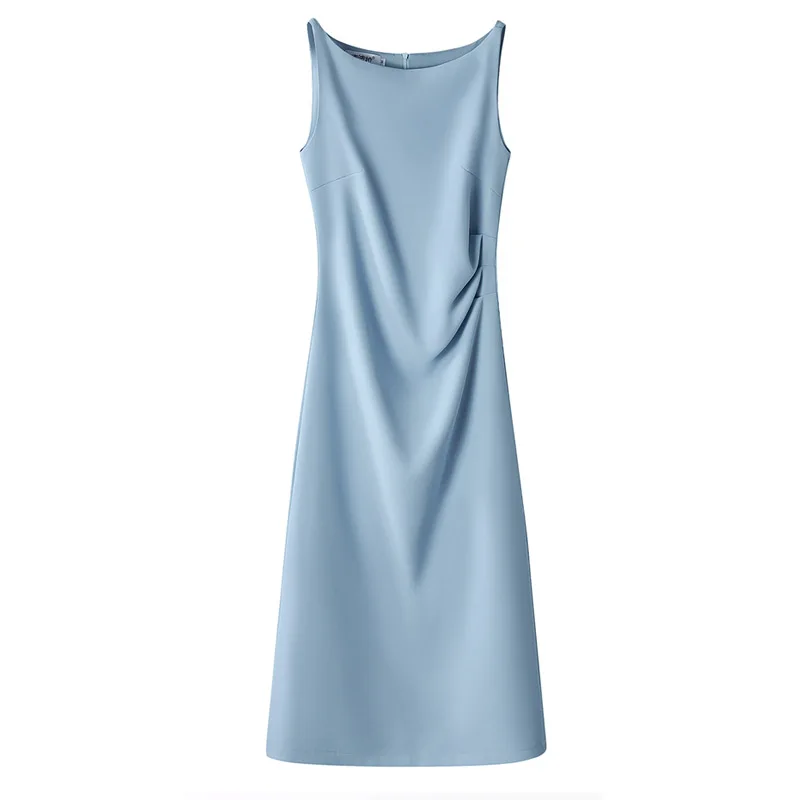 Vestido Retro de Cintura Alta em A para Mulheres, Design Simples, Longo, Casual, Slim Fit, Verão, Fibra de Poliéster