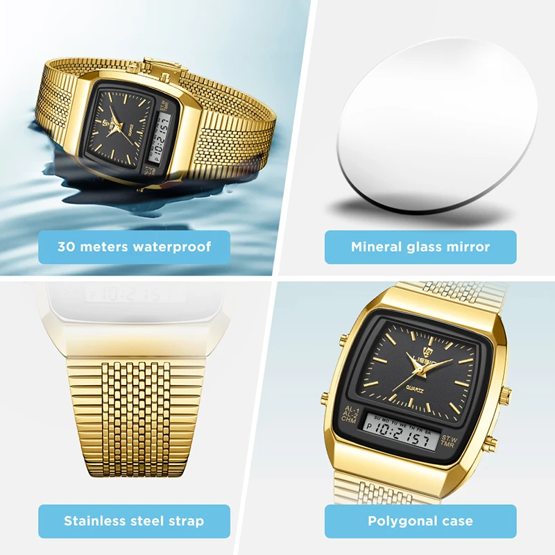 5 PCS/Set Watch For Men New Fashion Casual  Digital Quartz Dual Display Gold Clock Week Time Sports Waterproof Quartz Wristwatch