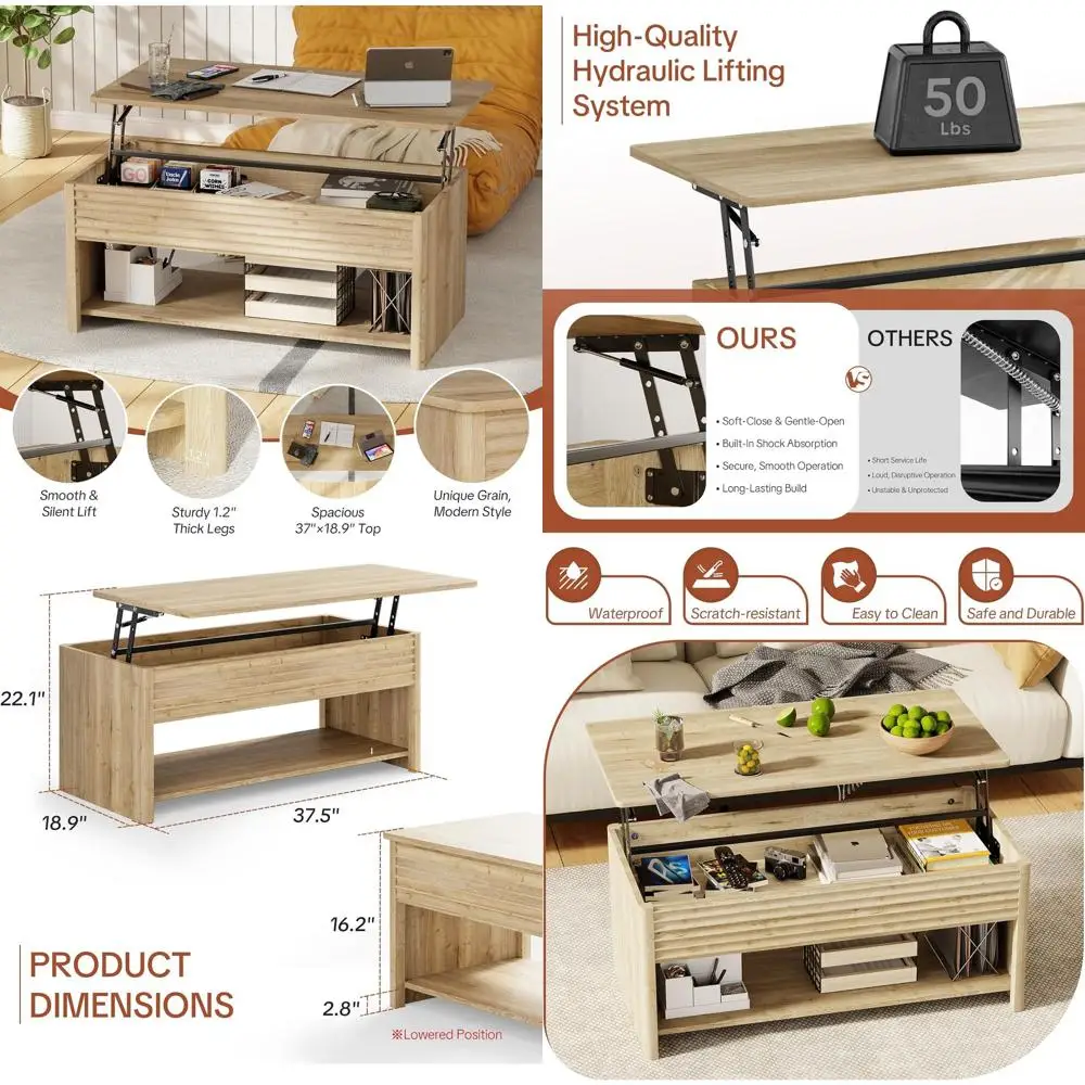 

Modern Rectangular Lift-Top Coffee Table with Hidden Storage, Natural Wood Grain, Large Capacity, Rounded Edges