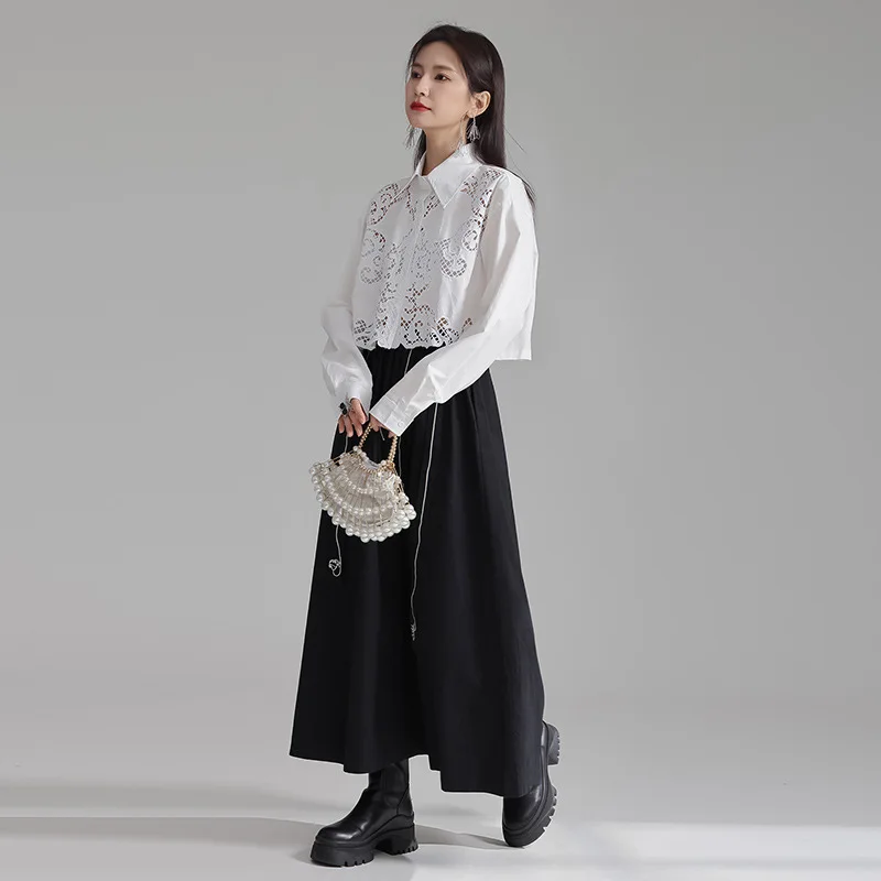 2024 New Hollow Out Design Crochet Shirt Women's Short Solid Color Chic Tops Feminine Long Sleeve High Street Cotton Slim Shirts