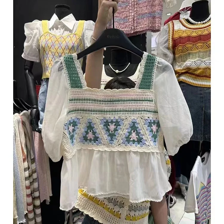 Women Blouse Crochet Knit Square Neck Chiffon Sleeve Geometric Embroidery Crop Tops Summer Teen-girls Fairycore Cottagecore