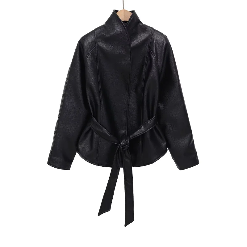 ETJ Damen PU-Leder Vintage Wickeljacke mit Gürtel, hochgeschlossener Kurzmantel, Frühjahr 2026, minimalistische Retro-Urban-Mode-Oberbekleidung – Detail 21