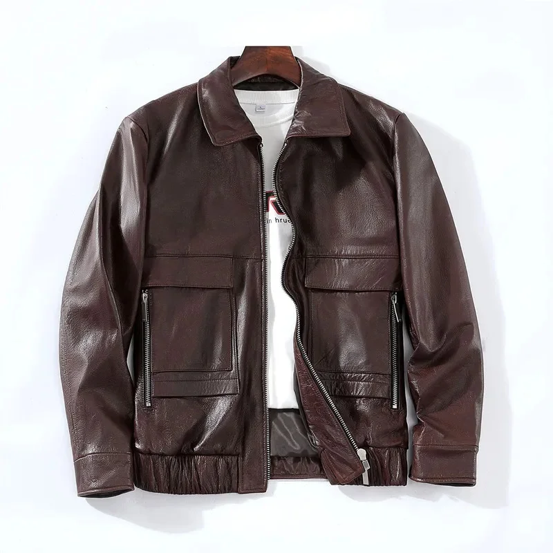 

Clearance Top Layer Cowhide Flip Collar Short Motorcycle Flying Genuine Leather Jacket Special Offer Men's Large Size Riding