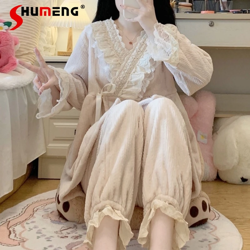 

Женские осенне-зимние пижамы в стиле принцессы, утепленный флисовый комплект для сна, женский милый флисовый домашний костюм в японском стиле