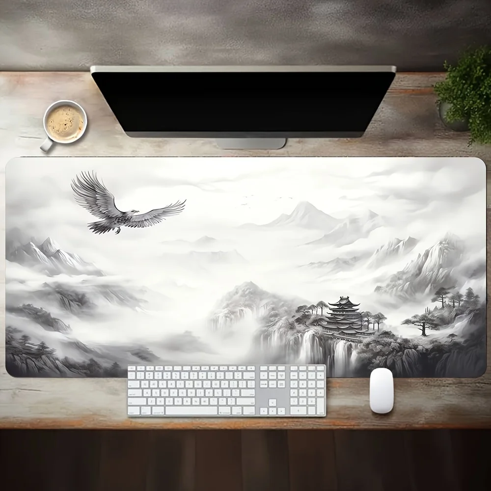 Large Ink Painting Eagle Pattern Mouse Pad, Gaming E-sports Computer Mouse Pad, Office Desktop Decoration Pad, Rubber Material
