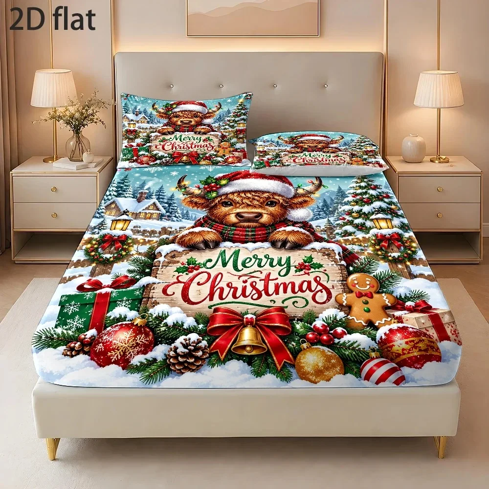 Cute Christmas Bear Three-Piece Fitted Sheet Set, Three-Piece Bedding Set (Includes 1 Fitted Sheet + 2 Pillowcases), Large Deep-Pocket 2D Printed Fitted Sheet and 2 Pillowcases, Fitted Sheet Style with Elastic Band, Protective Cover, Mattress Protector, Suitable for All Seasons, Machine Washable Design, Holiday Decoration, Various Sizes, Breathable Protective Cover with Pillowcase
