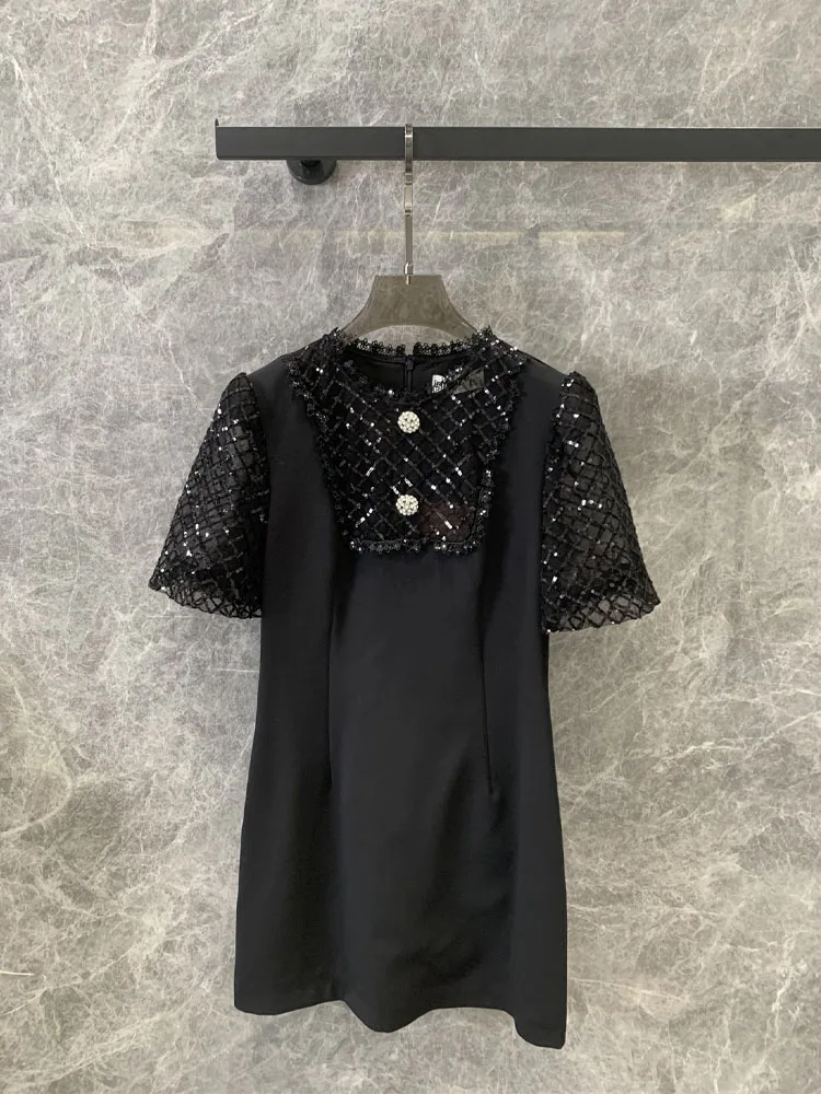 

Women's dress Summer Vintage Crystal Botton Sequins Design Short Sleeve elegance Slimming Dresses femme