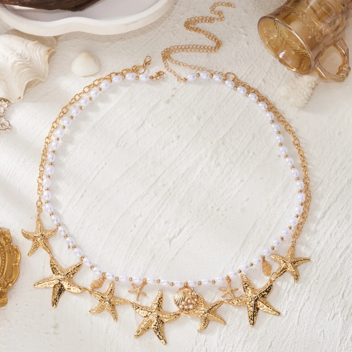Extravagante, zusammengesetzte Taillenkette mit Seestern-, Muschel- und Imitationsperlen für Damen und Herren, doppellagige Körperkette, Strand-Körperschmuck – Detail 13