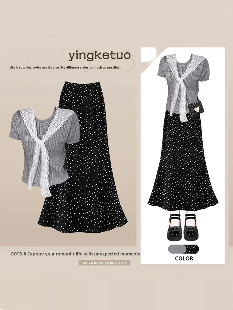 

Korean Style Lace Shoulder Wrap Slim Fit round Neck Short Sleeve Top Half Skirt Polka Dot Slimming Two Piece Set Summer Fashion
