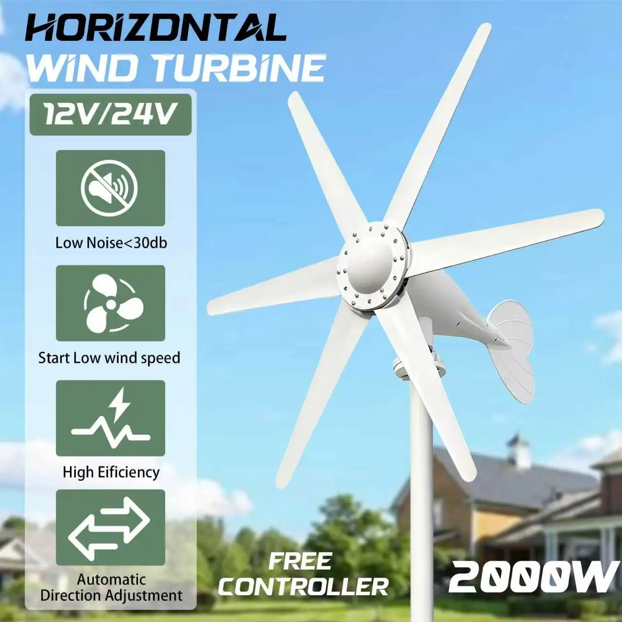 US Local Delivery EKPAOWE 2000W 12/24V Auto Horizontal Wind Turbine Generator Kit with Wind Controller MPPT for Off-Grid System Three-Phase AC Generator Off grid System For Household Use