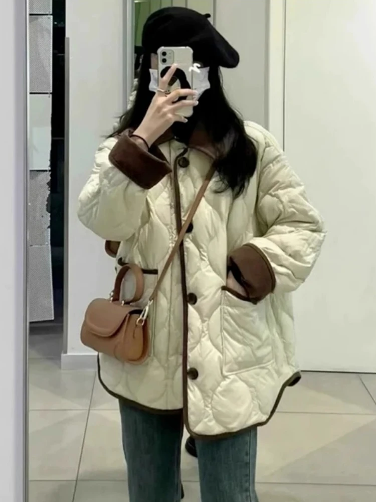 2025 delle nuove donne di arrivo Colorblock colletto di velluto a coste giacca di cotone allentato corto trapuntato cappotto invernale trapuntato tuta sportiva leggera