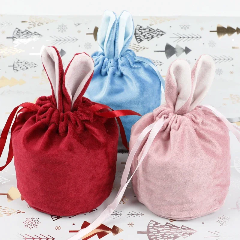 Cute Easter Decoration Bunny Rabbit Ears Velvet Gift Box Wedding Candy Box Solid Color Drawstring Storage Bag Party Supplies