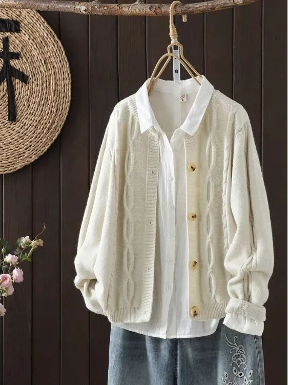 

Faionable Knitted Cardigan Outerwear round Ne Sweater Versatile Autumn Winter Women's Clothing Commute Sle Long Sve