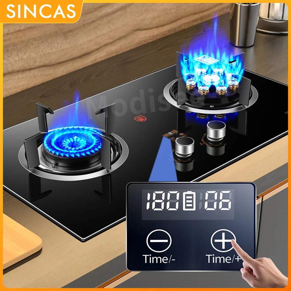 Gas Stove Cooktop Double-Hole Fierce Fire Household Tempered Glass Panel Natural Liquefied 2 Burner Built-in Kitchen Cooker Tool