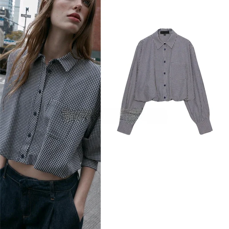 Winter New Arrival Women's Commuter Sle Long Sve Collared Small Plaid Balloon irt Top French Sle Slim Fit Polyester
