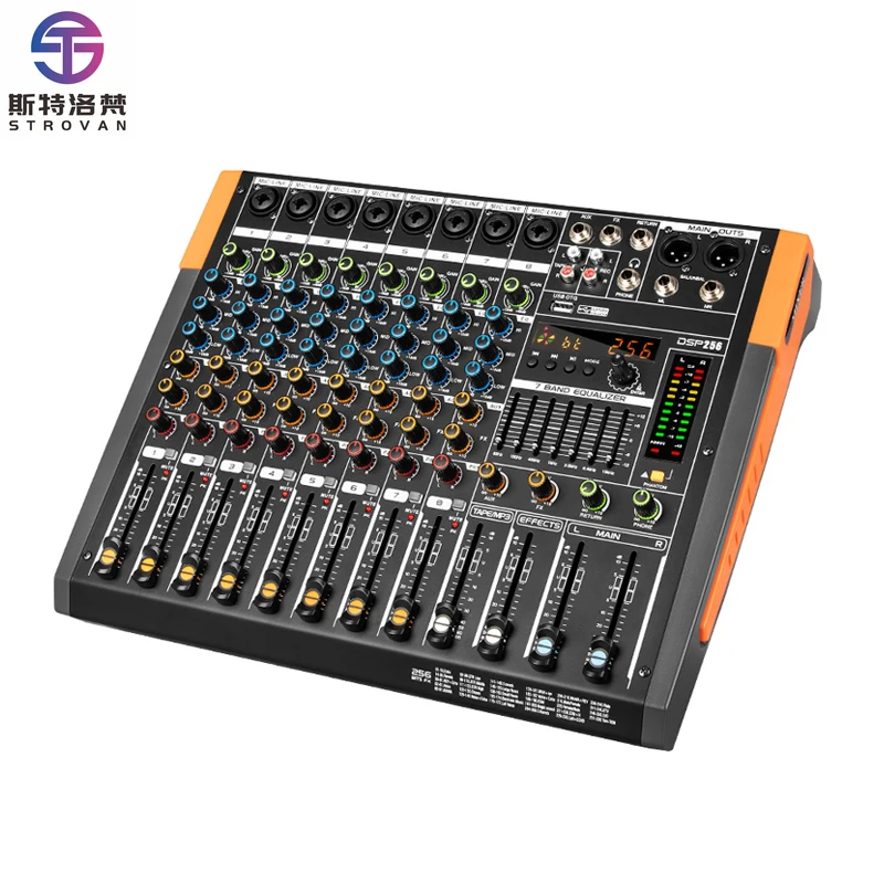 

Professional 8-Channel USB Digital Audio Mixer Console with 256 Reverb Effects for Stage Video & Lighting