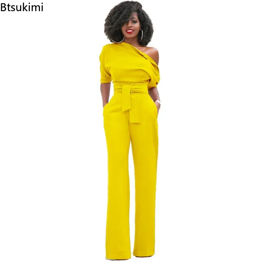 2025 Spring Autumn Casual Jumpsuit Women Elegant One Shoulder Slash Neck Romper Overalls Full Length Jumpsuit Wide Legs Jumpsuit