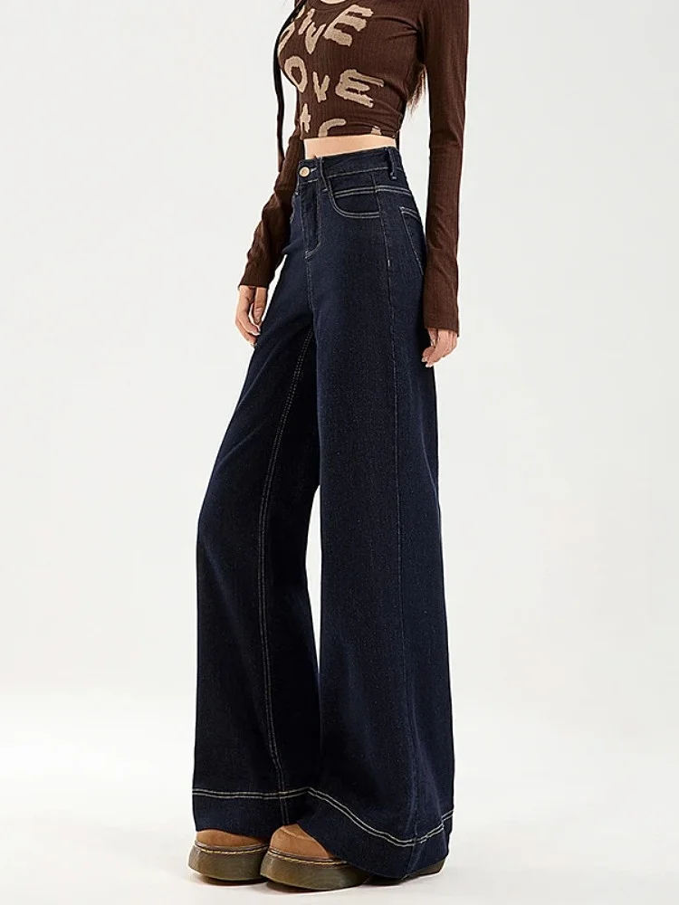Calça jeans feminina anti-desbotamento, perna larga, americana, corte solto, elástica, preguiçosa, queimada, até o chão, calças de emagrecimento