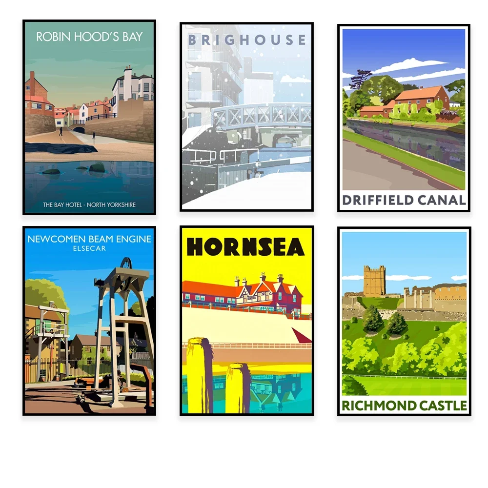 

Middleham, Blackpool, Robin Hood's Bay, Ilkley, Richmond Castle, Driffield Canal, Brighouse, Whitby, Hornsey, UK travel poster