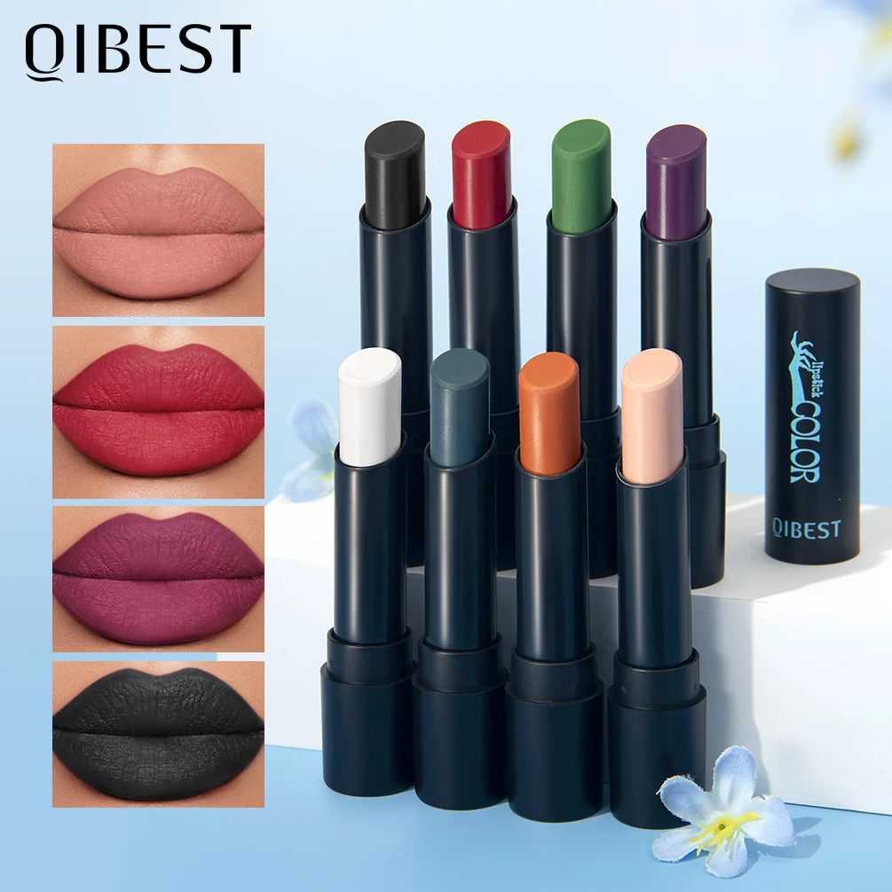 QIBEST 8 Colors Matte Lipstick Waterproof Velvet Sexy Red Lip Stain Popular Black Red Orange White Color Lasting Lipstick Makeup
