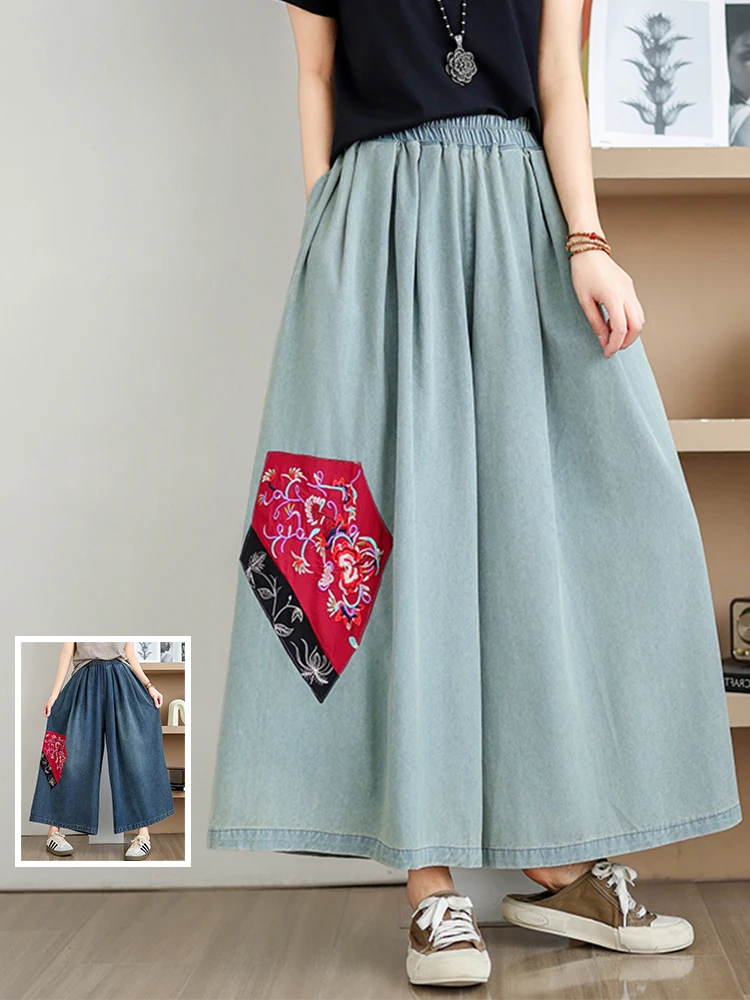 

Широкие джинсы с высокой талией, женские свободные брюки прямого кроя, летние тонкие джинсовые брюки с вышивкой в этническом стиле