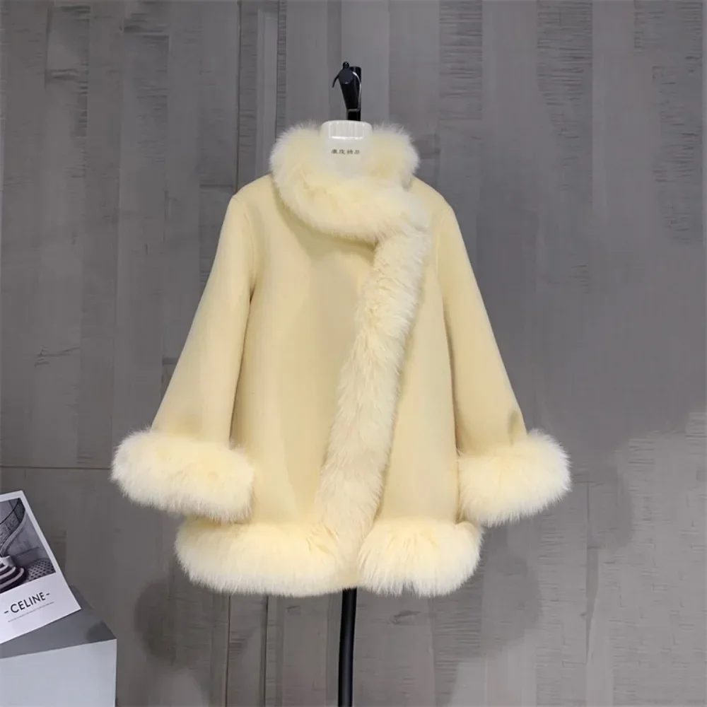 Elegant Real Fur Coat Real Fox Fur Collar Cloak Coat White Woolen Coat with Fur Women Natural Fox Fur Jacket  2026 Warm Oversize