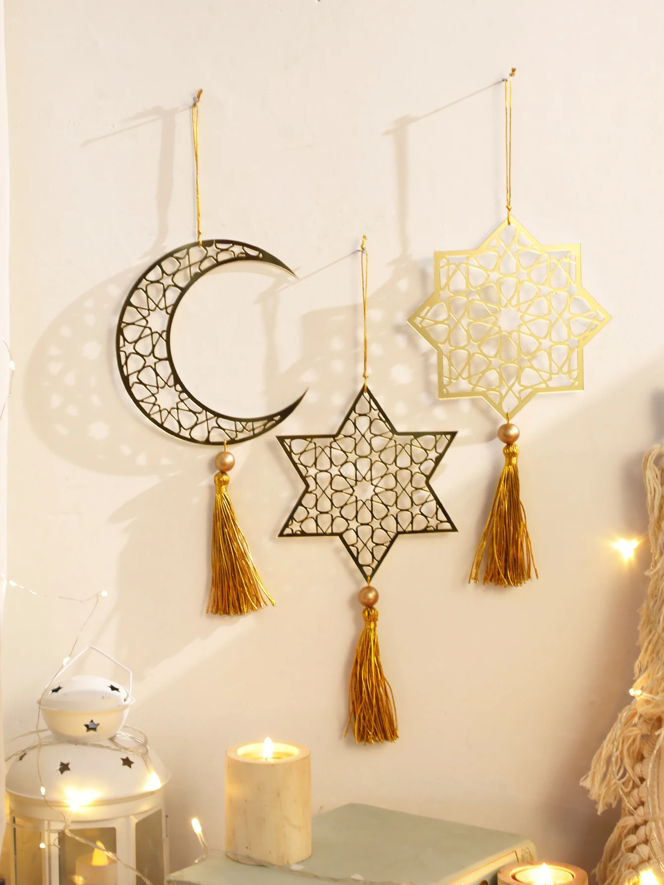 1/3Pcs Acrylic Ramadan Hanging Ornaments With Tassels ,Eid Mubarak muslim decor Ramadan Kareem，Gold Moon Ornaments Crafts Gift