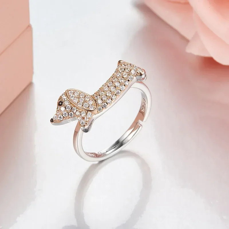 Baoyocn Fashion Real S925 Sterling Silver Dachshund Puppy Finger Ring Adjustable Size for Women Girls Cute Fancy Dog Pet Jewelry