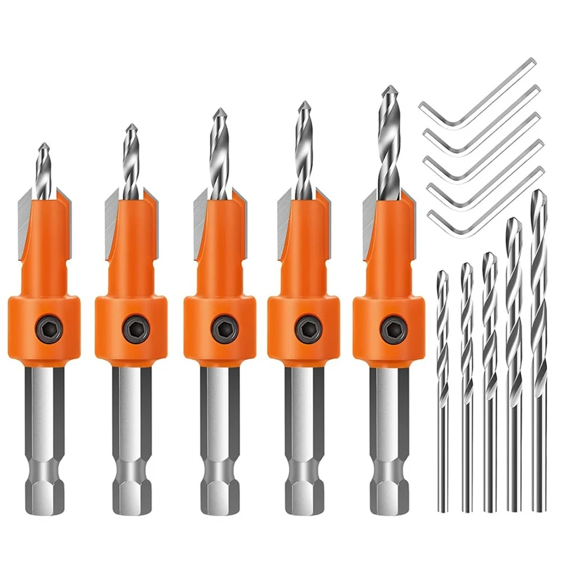 

Набор сверл с зенковкой, 5 шт. сверла для стойки по дереву, конические сверла с шестигранным хвостовиком 1/4 дюйма для деревообработки