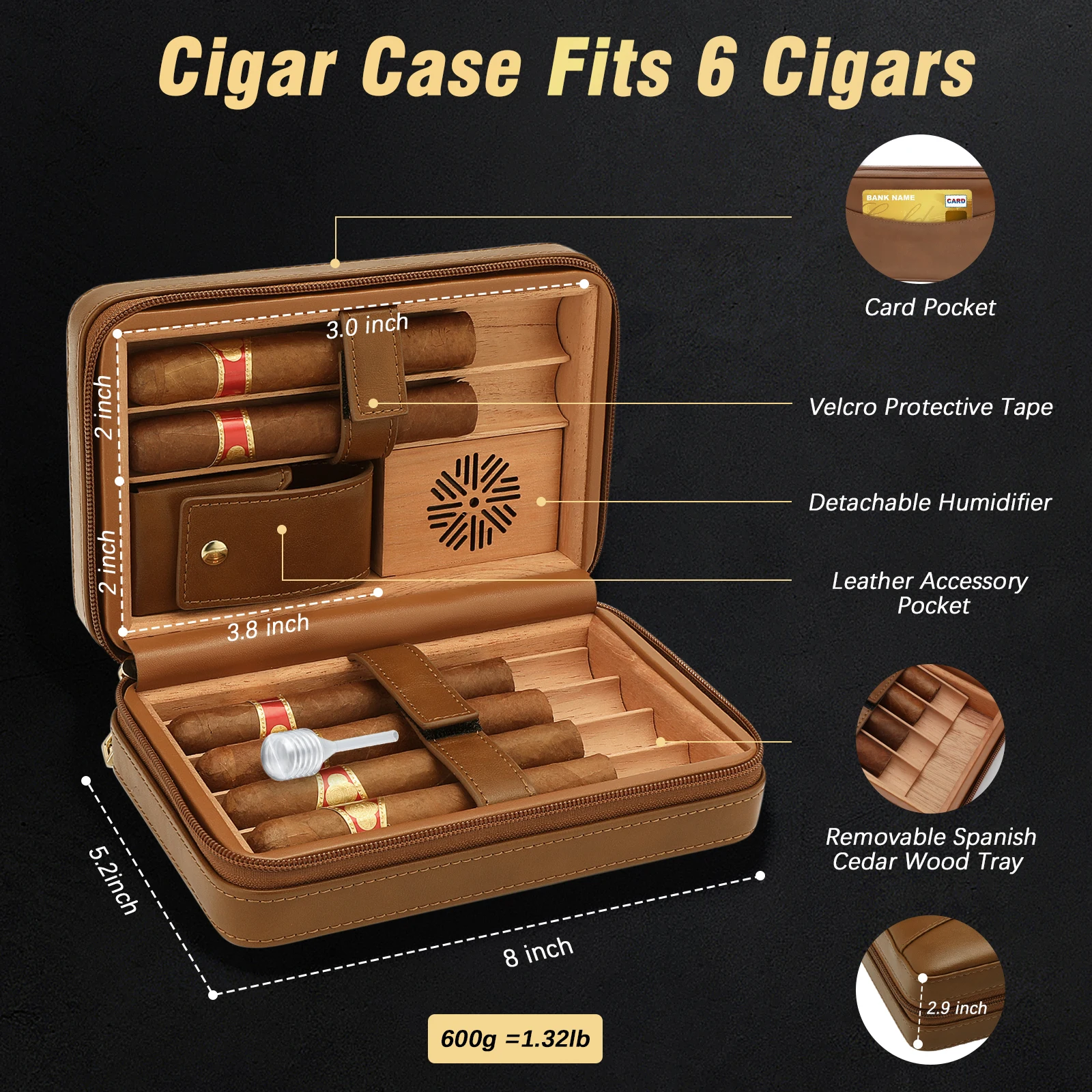 Cigar Humidor, Leather Cedar Wood Cigar Case with Cigar Lighter, V Cut Cigar Cutter,Cigar Holder 3 in 1 Travel Cigar Humidor Box