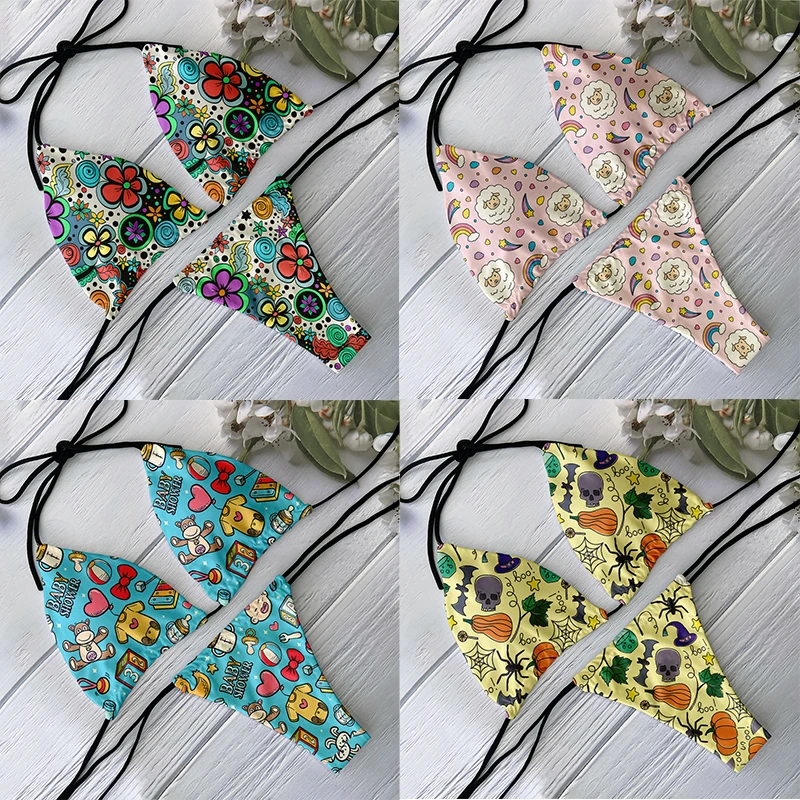 Cute woman funny bikini set cartoon animal flower pattern swimsuit summer beach vacation with chest pad lace-up beach gift