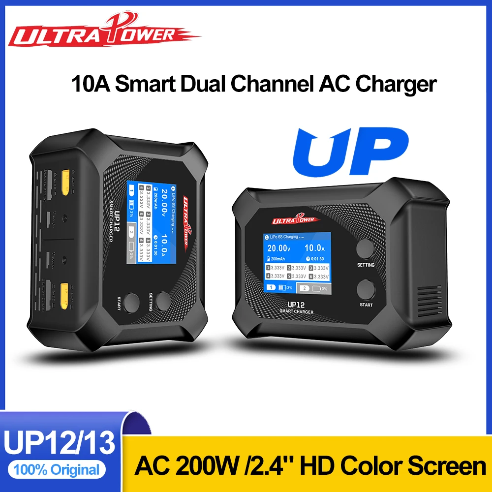 

ULTRAPOWER UP12 /UP13 AC 200W 10A Smart Dual Channel AC Charger 2.4inch HD Color Screen for 2-6S LiHV/Lipo/LiFe/Lilon Battery