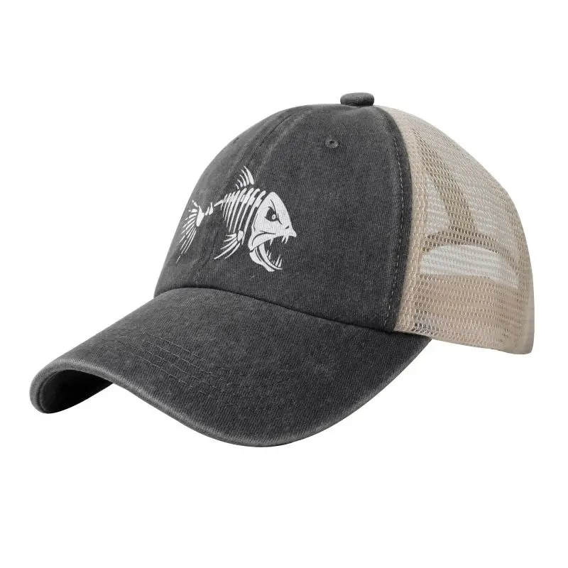 Bone Fish Graphic Print Mesh Baseball Cap Retro Washed Cotton Caps Summer Outdoor Fishing Sun Visor Hat Adjustable Trucker Hat