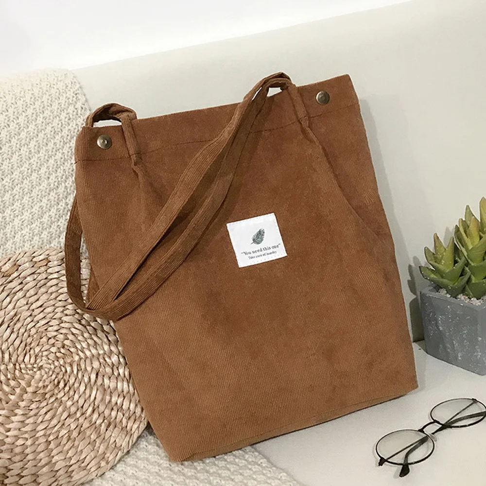 2022 Corduroy Shoulder Bag for Women Cotton Cloth Handbag Solid Color Eco Shopping Orangnizer Reusable Large Shopper Totes Bags