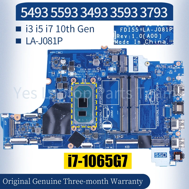 

LA-J081P For Dell 5493 5593 3493 3593 3793 Laptop Mainboard 0PTGYC 03DD3K 0CH9H2 i3 i5 i7 10th Gen Motherboard