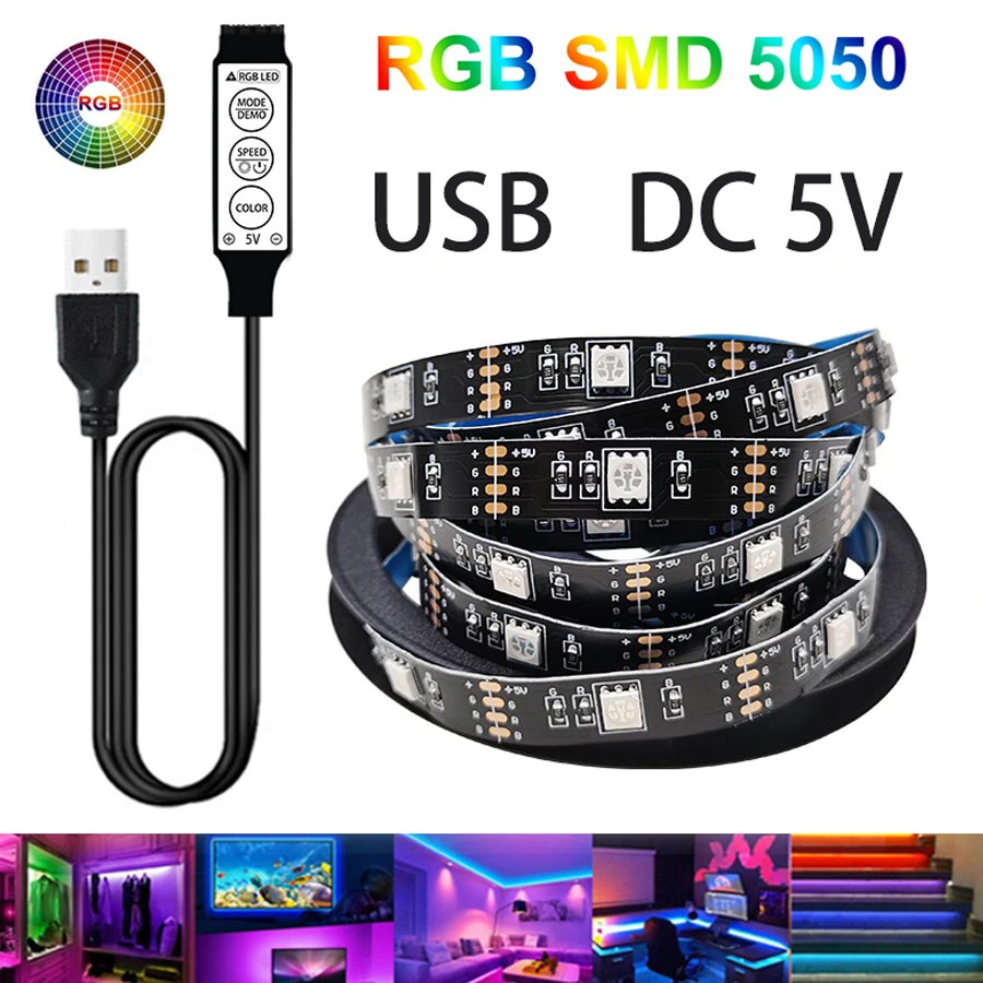 As luzes do jogo conduziram tiras 2m para o backlight da tevê do monitor atrás das portas usb ambientais smd 5050 rgb colorido música remoto