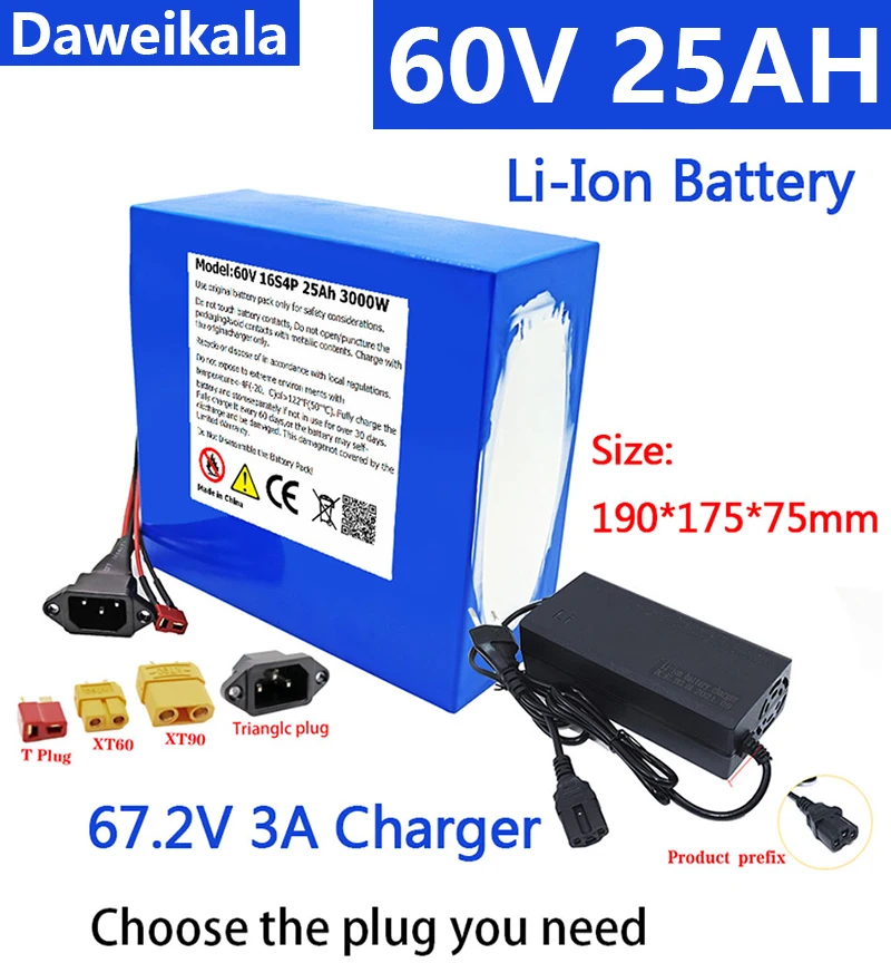 

New60V 25Ah Electric Bike 21700 Battery for Scooter Motorcycle 67.2V 16S4P 3000W Rechargeable Battery with Same Port BMS+charger