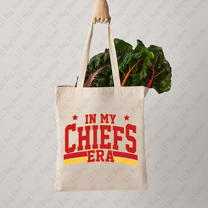 In My Chiefs Era Pattern Tote Bag Ts Merch Canvas Shoulder Bags Women's Reusable Shopping Bags Trendy Folding Shoulder Bag